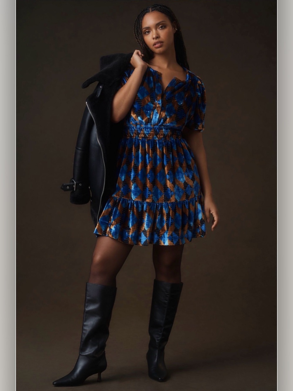 Anthropologie Somerset Mini Dress Velvet Geometric Harlequin Blue NWT 1X Plus